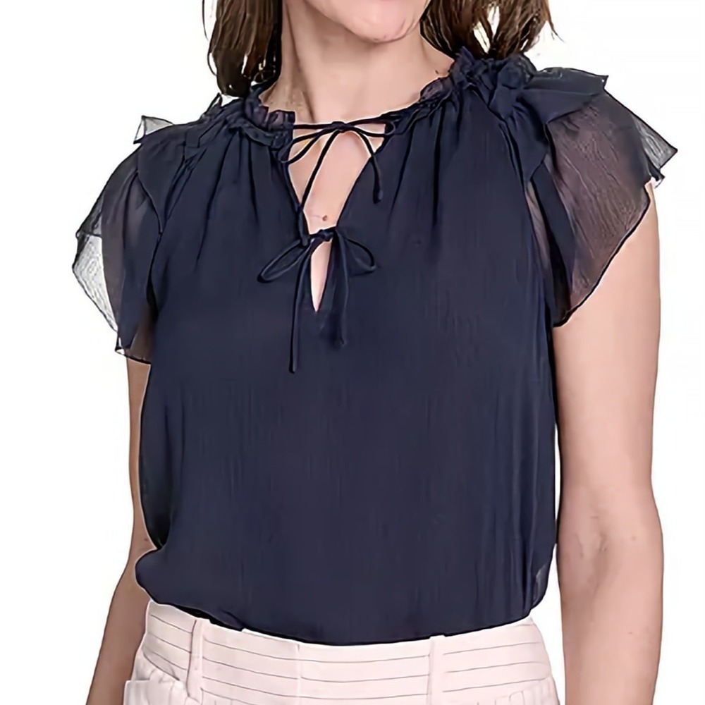 Tommy Hilfiger Split Tie Neck Flutter Sleeve Navy Blouse‎ Womens Size S NWT